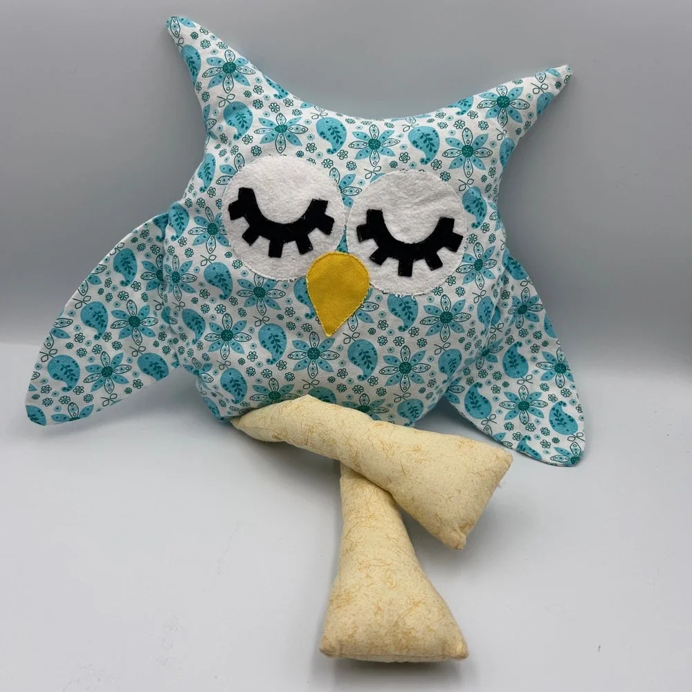 Handmade Plush Owl Pillow Floral Paisley Blue White Long Legs Decorative Stuffed